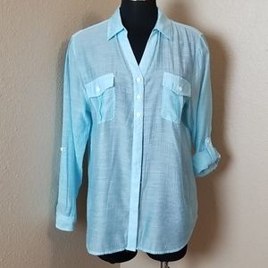 Chicos Button Front Long Sleeve Semi Sheer Blouse